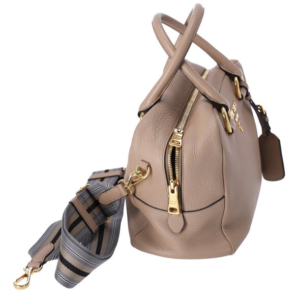PRADA Vitello Phenix Bauletto Handbag 1BB086 Taupe Pebbled Leather - Picture 6 of 10